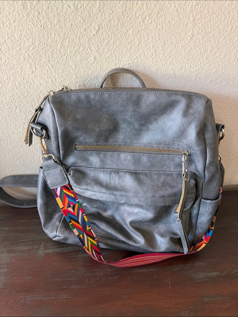 Gray Women’s Leather-Style Backpack with Multicolor Strap